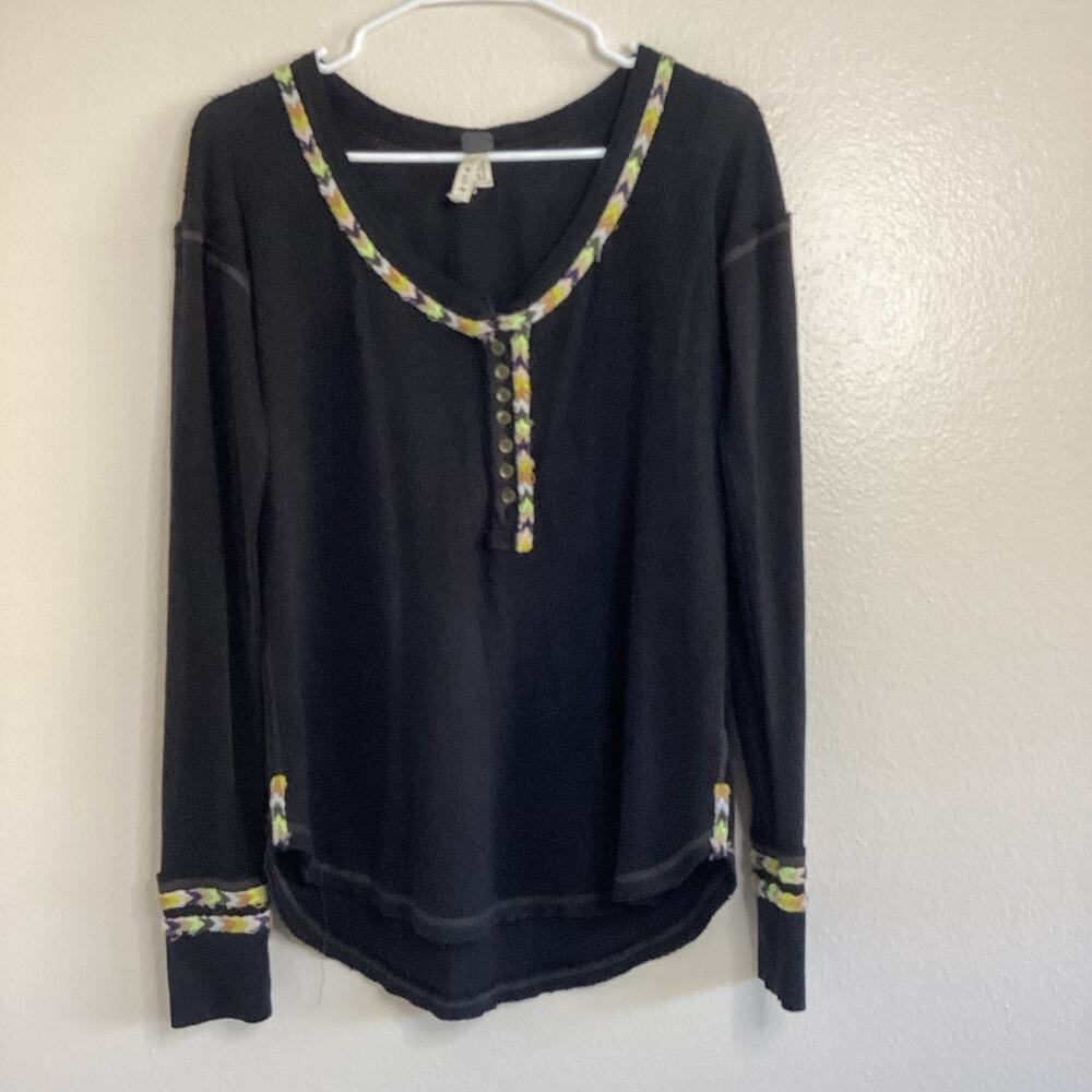 We The Free SZ XS Thermal Black Henley Top Long Sleeve Waffle Knit